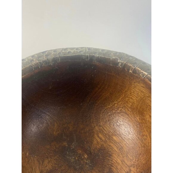 Rustic Accent Wood Bowl with Applied Silver Metal Hammered Rim Artistic  5 1/2" - Picture 7 of 8